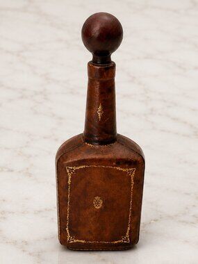 VTG Leather Wrapped Glass Decanter Bottle MADE IN ITALY Tall Ornate Gold 1970's